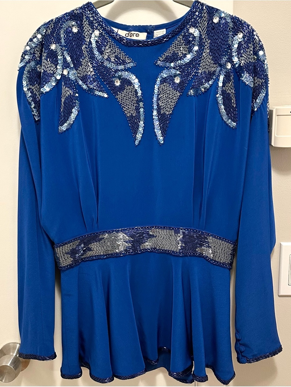 Vintage 80s D'ore Royal Blue Beaded Sequin Formal Glam Peplum Top 12 Open Back